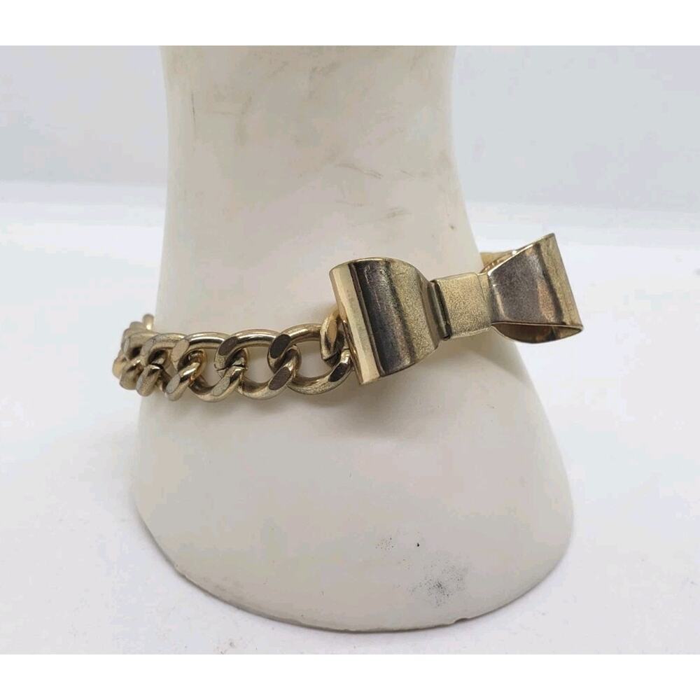 Vintage Bracelet Cute 3D Bow Ribbon Chunky Thick Link chain Gold Toned